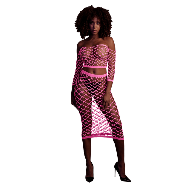 Langarm Crop Top en Lange Rok - One Size - Neon Roze